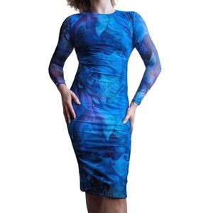 Hello Molly Dramatic Bold Blue Water Color Floral All-Over Print Midi Dress